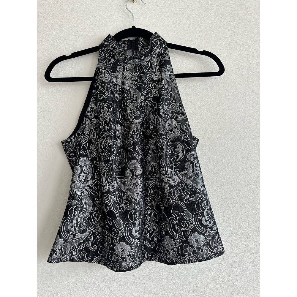 Vintage 90’s Sleeveless Jacquard Black & Metallic Silver Top | High Neck Size 8